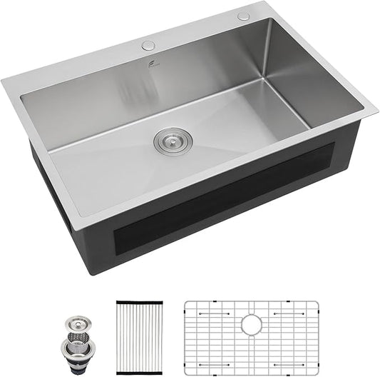 33 Drop In Kitchen Sink - Fuyuoer 33x22 inch Drop in Stainless Steel Sink 16 Gauge Single Bowl 10'' Deep Large Topmount Kitchen Sinks Over Mount, Round Corners