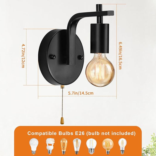 Vintage Pull Chain Wall Lights Set of Two with Switch Wall Lamp,Black Wall Light E26 Industrial Wall Lighting Hard Wired Retro Wall Lights for Bedroom Living Room Kitchen