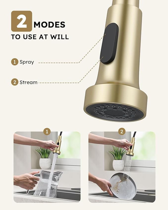 Arofa Kitchen Faucet with Pull Down Sprayer, Brushed Gold Kitchen Sink Faucet 1-3 Hole Single Handle High Arc Stainless Steel Commercial Modern Kitchen Faucets for RV/Laundry/Outdoor/Bathroom Sink
