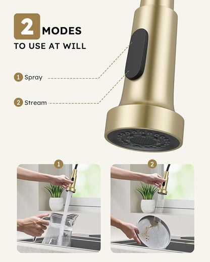 Arofa Kitchen Faucet with Pull Down Sprayer, Brushed Gold Kitchen Sink Faucet 1-3 Hole Single Handle High Arc Stainless Steel Commercial Modern Kitchen Faucets for RV/Laundry/Outdoor/Bathroom Sink