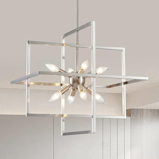Modern Chandelier, 8-Light Geometric Ceiling Light Fixture, 22" Height Adjustable Brushed Nickel Lamp for Foyer, Stairway, Living Room