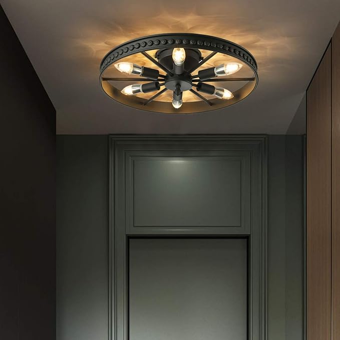 Industrial Wagon Wheel Chandelier 6 Lights, Rustic Flush Mount Ceiling Light Fixture, Retro Ceiling Lamp Hanging Lamp for Kitchen Island Dining Room18 Inch Black,(Bulb Not Include)