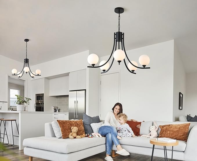 Modern Sputnik Chandelier for Dining Room Black Farmhouse Chandelier Glass Globe Dining Room Light Fixtures Mid Century White Glass Chandelier for Living Room Bedroom Kitchen Island Foyer