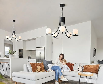Modern Sputnik Chandelier for Dining Room Black Farmhouse Chandelier Glass Globe Dining Room Light Fixtures Mid Century White Glass Chandelier for Living Room Bedroom Kitchen Island Foyer