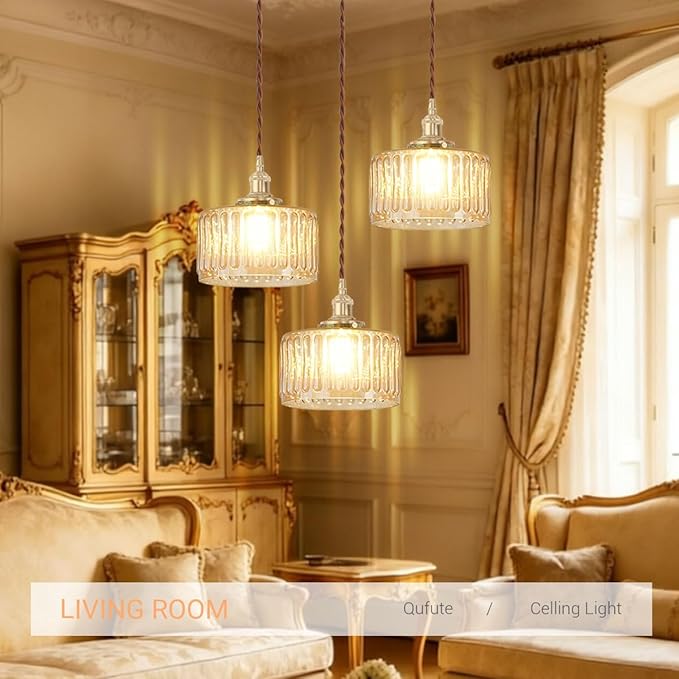 Amber Chandelier Mid-Century Modern Chandelier 3-Light Glass Globes Vintage Gold Brass Finish Striped Glass Hanging Pendant Lights Dining Room Semi Flush Mount Ceiling Light Fixture