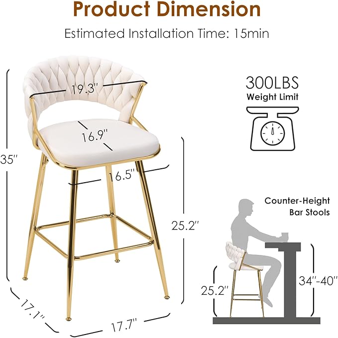 25.2" Velvet Counter Stool with Gold Accents, Ergonomic Plush Seat for Kitchen Island Bar