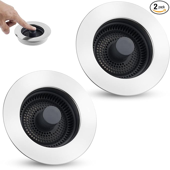 Universal 2PCS Kitchen Sink Strainer Stopper Combo, 3 in 1 Pop Up Kitchen Sink Stopper with Chrome Stainless Steel Wraped Shell for US Standard 3-1/2 inch Drain Filter, Anti-Clog