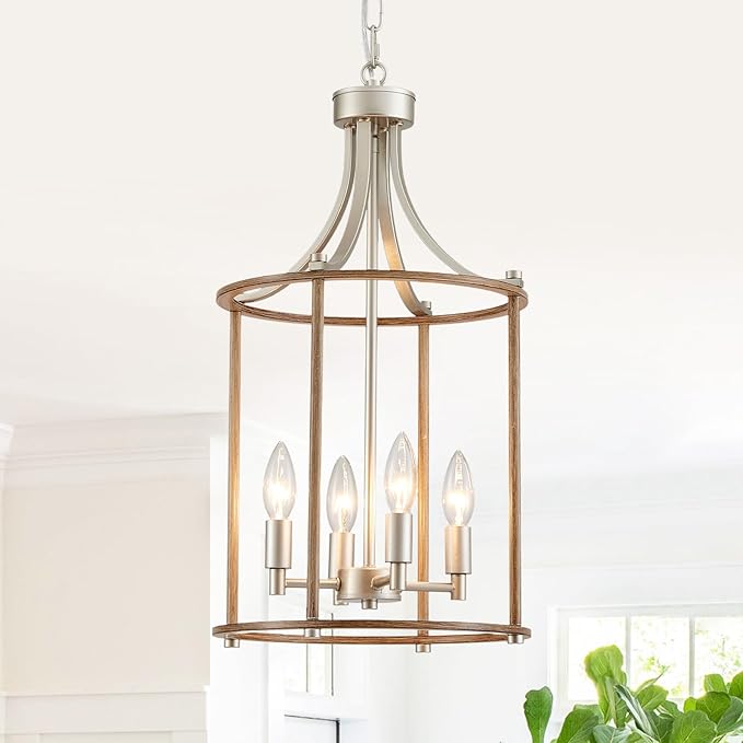 XINGQI Farmhouse Chandeliers for Dining Room,4 Light Nickel Wood Grain Finish Hanging Lantern Pendant Lighting Fixture for Staircase Foyer Kitchen Island Dinning Room Living Room