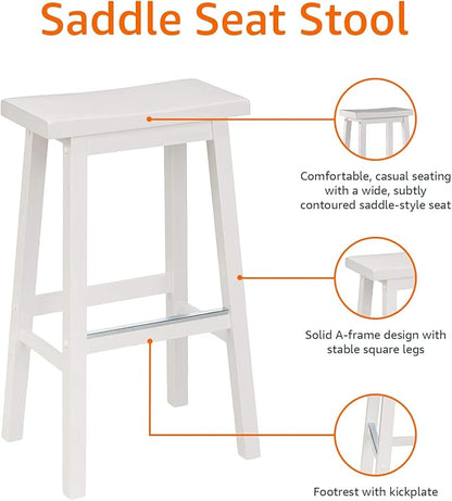 Amazon Basics Solid Wood Saddle-Seat Counter Height Bar Stools for Kitchen Island and Home Bar with Footrest, 29-Inch Height, White, Set of 2