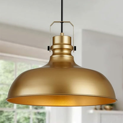 Gold Farmhouse Pendant Lights 16 Inch Matte Pendant Lighting for Kitchen Island Industrial Adjustable Height Vintage Dome Hanging Light Fixtures for Barn, Dining Room 1 Pack