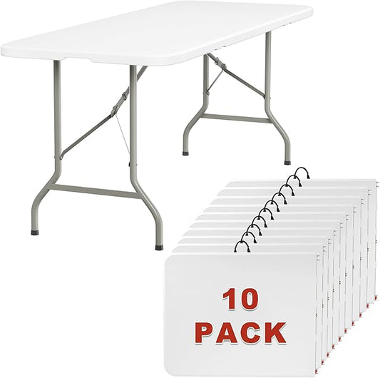 Elevon 6FT Folding Tables – Heavy Duty Portable Foldable Table with Built-in Handle, 300 lb Capacity – Ideal for Events, Parties, Crafts, Camping & Dining (10-Pack)