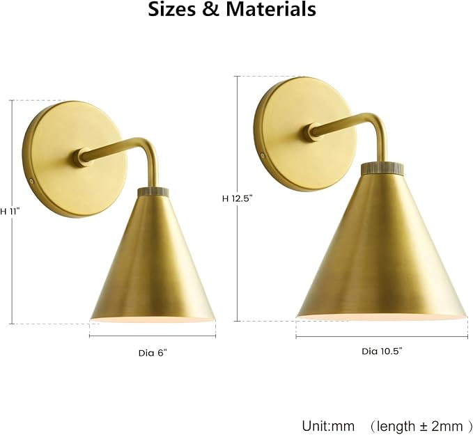 Retro Industrial Metal Cone Sconce Light - Vintage-Inspired Modern Gold Wall Sconce with Metal Shade, Wall Mount Lighting for Bedroom, Hallway, Living Room (Gold, 6 inch)