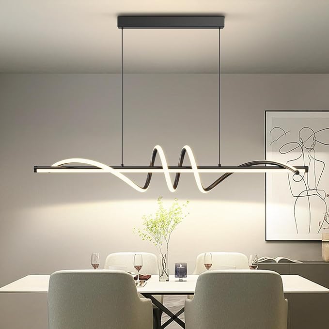 Modern LED Pendant Lights, Ceiling Chandelier Dimmable with Remote Control 3000k-6000K Adjustable Color Temperature, Aluminum Island Lighting Lamp Fixture for Kitchen, Dining Room(47in Black)