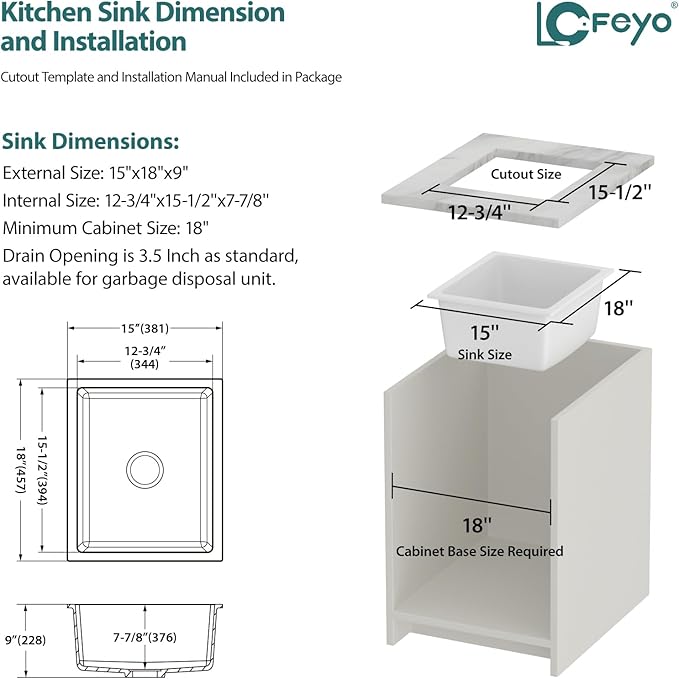 15x18 Inch Undermount Granite Composite Bar Sink White Small Quartz Classic Under Counter Ledge Single Bowl Kitchen Sinks Basin(15"x18")