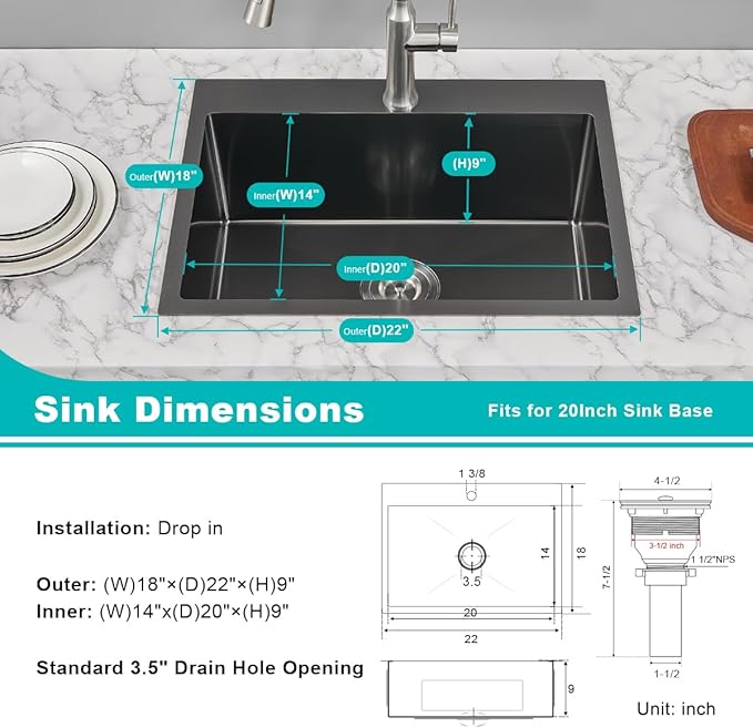 22 x 18 inch Drop-in Kitchen Sink, Single Bowl Single Hole 304 Stainless Steel Topmount Kitchen Sink, Black
