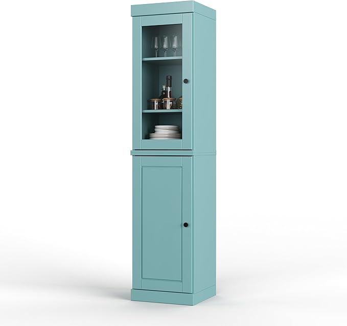 Palace Imports Solid Wood Kitchen Pantry - Narrow Storage Cabinet - 16.5" Wide x 71.5" Tall - 1 Raised Panel & 1 Glass Door, Sage, Adjustable Shelves, 100% Eco-Friendly Wood, Modular Cabinets