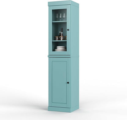 Palace Imports Solid Wood Kitchen Pantry - Narrow Storage Cabinet - 16.5" Wide x 71.5" Tall - 1 Raised Panel & 1 Glass Door, Sage, Adjustable Shelves, 100% Eco-Friendly Wood, Modular Cabinets