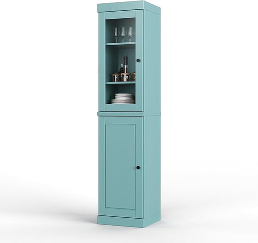 Palace Imports Solid Wood Kitchen Pantry - Narrow Storage Cabinet - 16.5" Wide x 71.5" Tall - 1 Raised Panel & 1 Glass Door, Sage, Adjustable Shelves, 100% Eco-Friendly Wood, Modular Cabinets