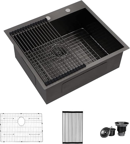 25x22 Drop In Kitchen Sink Black 16 Gauge Stainless Steel Single Bowl Drop Kitchen Sinks Nano PVD Gunmetal Black Handmade Large Deep Topmount Sinks, 25x22x9 Inch