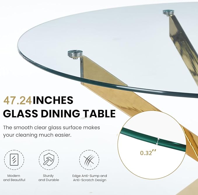 47.2'' Round Glass Dining Table for 4, Glass Round Dining Room Table with X-Shape Metal Legs, Clear Circular Top Gold Kitchen Table for 4, Perfect for Apartment Small Space