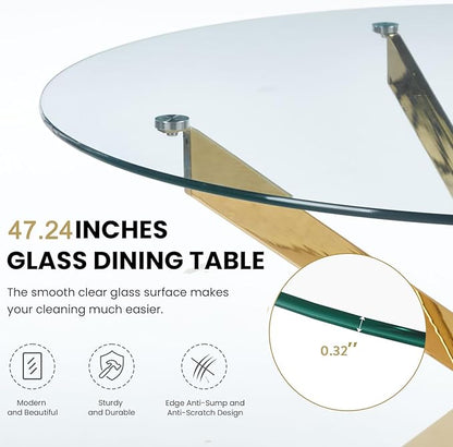47.2'' Round Glass Dining Table for 4, Glass Round Dining Room Table with X-Shape Metal Legs, Clear Circular Top Gold Kitchen Table for 4, Perfect for Apartment Small Space