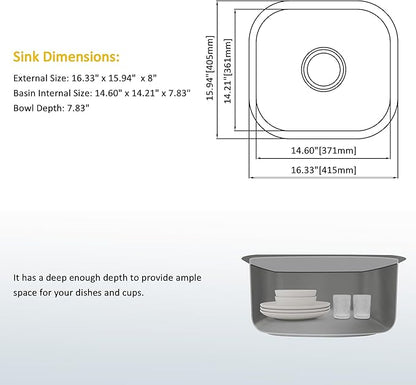 Bar Sink, 16 Inch Undermount Kitchen Sink, T-304S Stainless Steel RV Kitchen Sinks, Small Kitchen Sinks With Sink Drain Strainer, Use at Rv, Bar,Outdoor, Laundry and Utility,Bathroom
