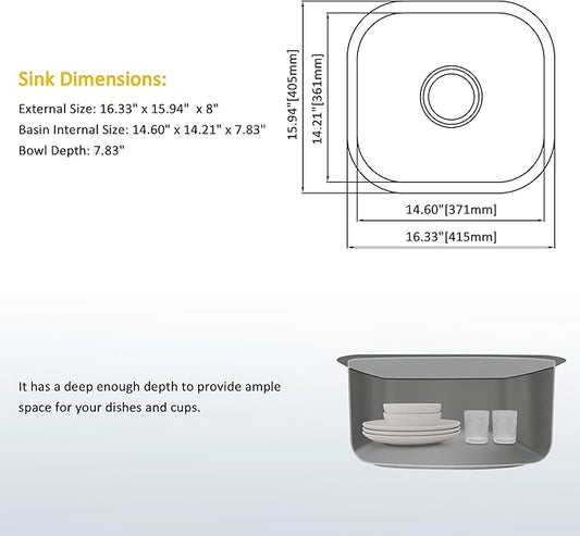 Bar Sink, 16 Inch Undermount Kitchen Sink, T-304S Stainless Steel RV Kitchen Sinks, Small Kitchen Sinks With Sink Drain Strainer, Use at Rv, Bar,Outdoor, Laundry and Utility,Bathroom