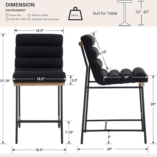 Black Linen Bar stools Set of 4, 25” Modern Upholstered Counter stools with Black Metal Legs, Armless Counter Height Chairs with Channel Tufted Back for Kitchen Island Home Pub