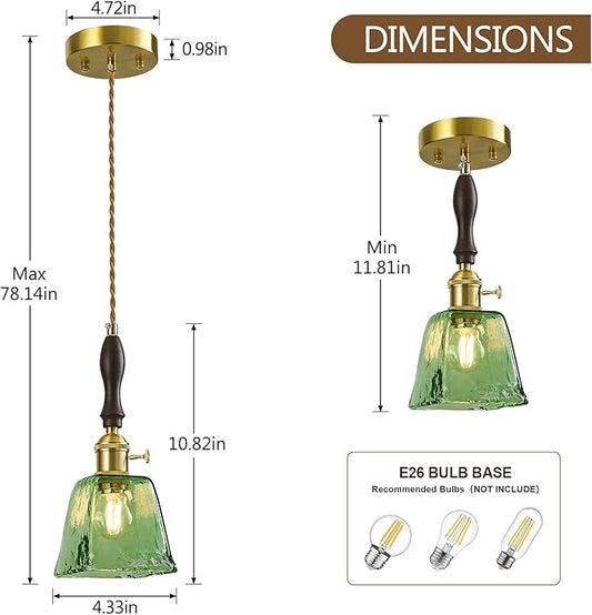 Green Glass Vintage Pendant Light Height Adjustable Handmade Glass Pendant Lights Kitchen Island Gold Hanging Light Fixture with Wood Handle for Bedroom Dining Room Hotel (1 Pack)