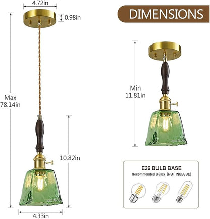 Green Glass Vintage Pendant Light Height Adjustable Handmade Glass Pendant Lights Kitchen Island Gold Hanging Light Fixture with Wood Handle for Bedroom Dining Room Hotel (3 Pack)