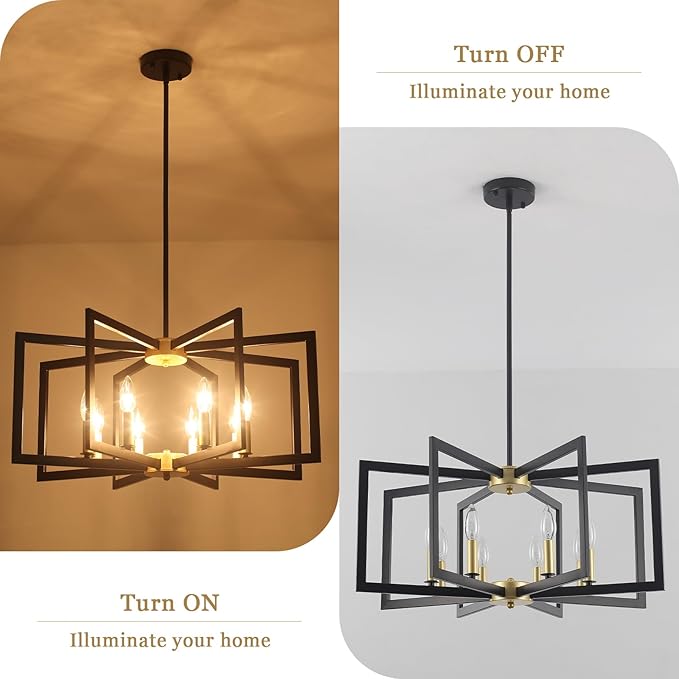 Black and Gold Chandelier 8 Light Large Farmhouse Geometric Chandelier for Dining Room Kitchen Chandeliers Over Table Metal Modern Pendant Lighting Fixtures for Living Room Entryway Foyer Hallway