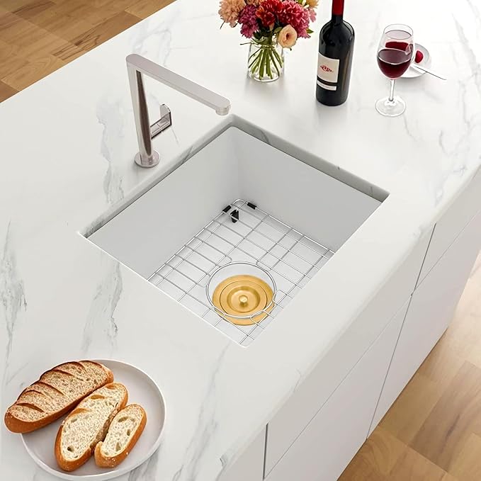 MILOSEN White Undermount Bar Sink, 15×17 Inch Small White Wet Bar or Prep Sink, 9 Inch Deep Granite Composite Outdoor Single Bowl Basin with Accessories, Small Quartz Sinks