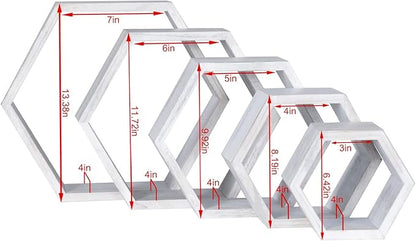 PHOENANCEE Hexagon Floating Shelves,Wall Mounted Wood Farmhouse Storage Honeycomb Wall Shelf Set of 5,for Bathroom, Kitchen, Bedroom, Living Room,Office,Driftwood Finish (Weathered White)