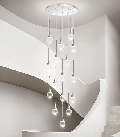 16 Light High Ceiling Crystal Chandelier Dimmable LED Pendant Lights with Remote Adjustable Chandeliers for Foyer Staircase Living Room Sivler