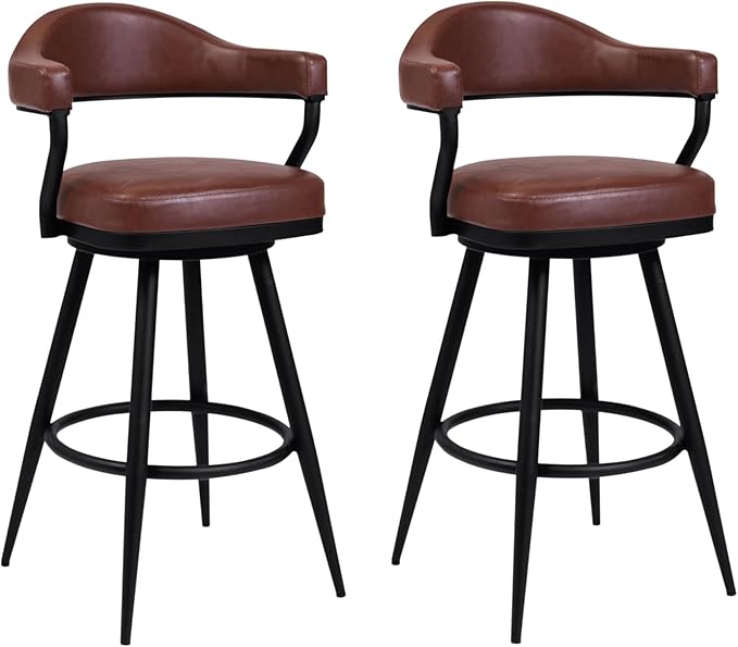 Armen Living Justin Modern Farmhouse 30" Seat Height Swivel Vintage Coffee Faux Leather Bar Stool with Black Metal Legs for Kitchen Island Counter, Set of 2