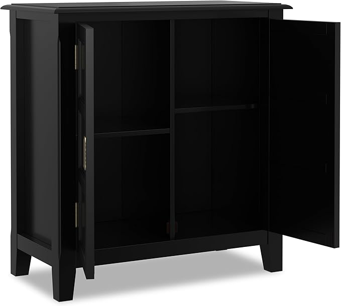 SIMPLIHOME Burlington Storage Cabinet - 30 inch Wide Solid Wood 2 Door Low Storage Unit in Black, Transitional Accent Cabinet for Living Room or Entryway with Adjustable Shelves