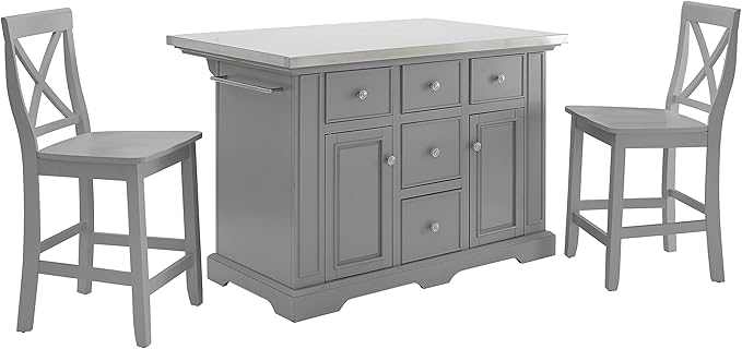 Crosley Furniture Julia Stainless Steel Top Island with Storage, Coffee Bar, and a Set of 2 X-Back Stools, Gray