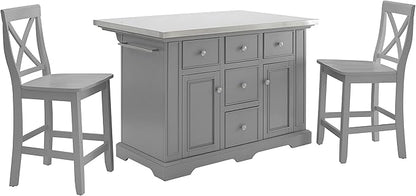 Crosley Furniture Julia Stainless Steel Top Island with Storage, Coffee Bar, and a Set of 2 X-Back Stools, Gray