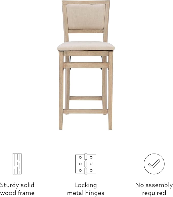 Linon Keira Natural Rustic Wooden Folding 25 Inch Seat Height Counter Stool with Beige Upholstered Seat and Back