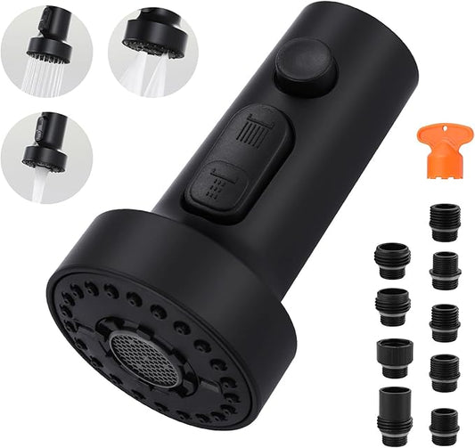 Pull Down Faucet Head Replacement: 3-Function Kitchen Faucet Sprayer Head Replacement with 9 Adapters - Matte Black Sink Faucet Head Compatible with Moen, Delta, American Standard Faucets
