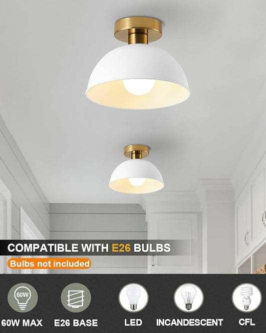 3-Pack Industrial Semi Flush Mount Ceiling Light with Gold Plate and White Shade, Farmhouse Ceiling Light Fixture for Kitchen Island Dining Room Foyer Hallway Porch Barn Loft，10in