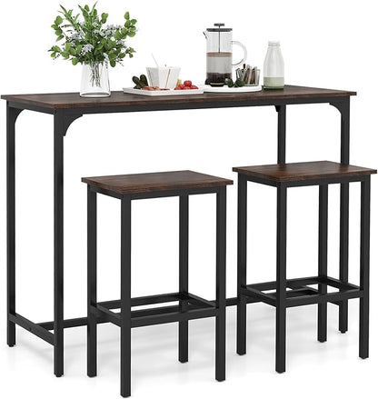 COSTWAY 3-Piece Dining Table Set, 47.5" Industrial Counter-Height Kitchen Table and 2 Bar Stools, High Top Rectangular Pub Table and Chairs for Dining Room Small Place Breakfast Nook Bistro (Coffee)