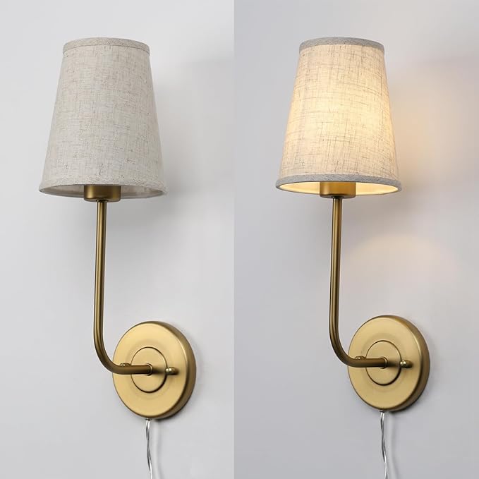 Pathson Set of 2 Plug in Fabric Wall Sconce Linen Cloth Shade, 1-Light Vintage Wall Light Fixture for Living Room Bedroom