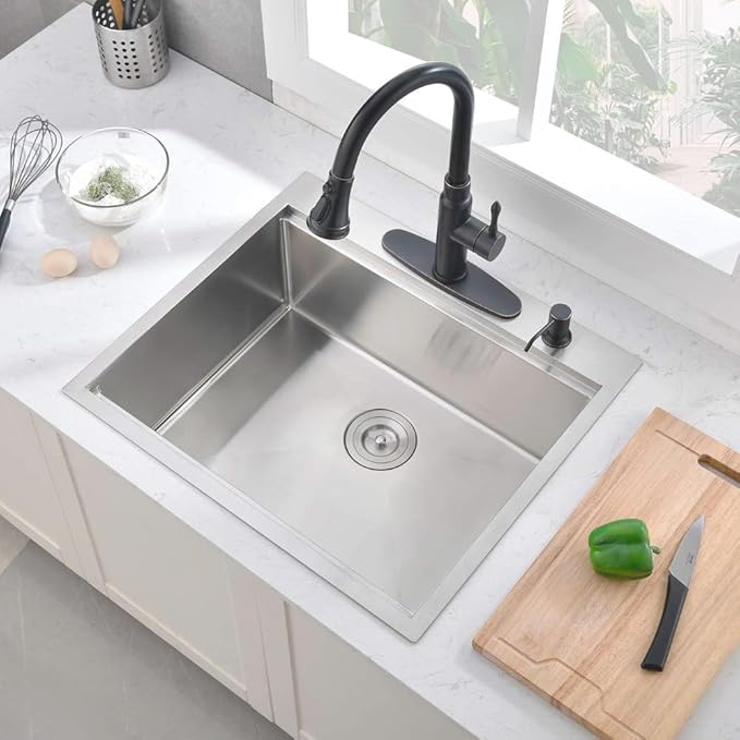 25 Inch Drop in Kitchen Sink Workstation, 25x22 Drop in Kitchen Sink Stainless Steel Single Bowl 16 Gauge Topmount Handmade Basin