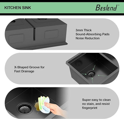 30 Black Undermount Kitchen Sink - 30x19 Gunmetal Black Double Bowl Kitchen Sinks Workstation 16 Gauge Stainless Steel Sink Low Divide Double Basin 50/50