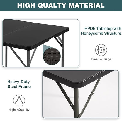 FDW 34" Square Outdoor Dining Table, Foldable Portable Plastic Folding Card Table with Built in Carrying Handle and Height Adjustable for Party and Wedding Use, Black