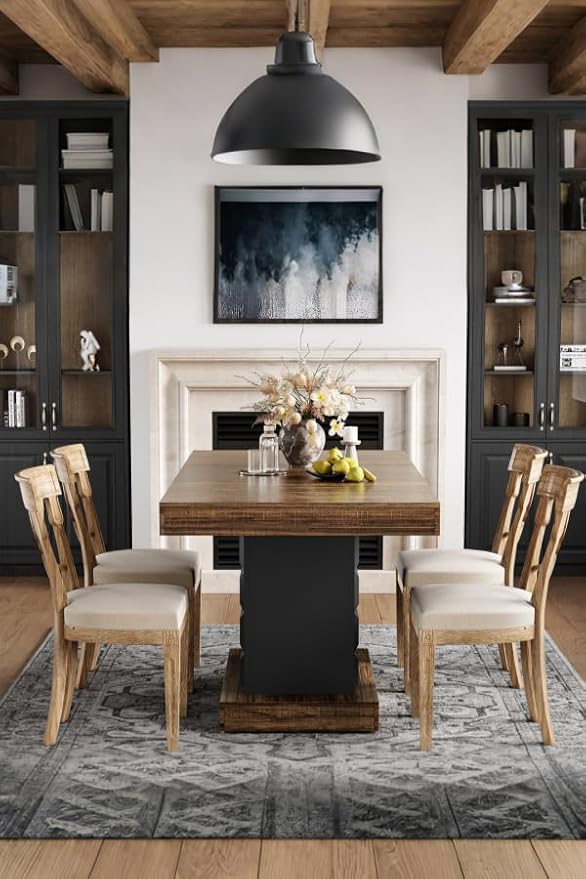 LITTLE TREE 63" Modern Dining Table, Rectangular Dinner Table for 4-6, Farmhouse Kitchen Table, Sturdy Wood Pedestal Base for Kitchen/Dining Room, Rustic Brown & Black