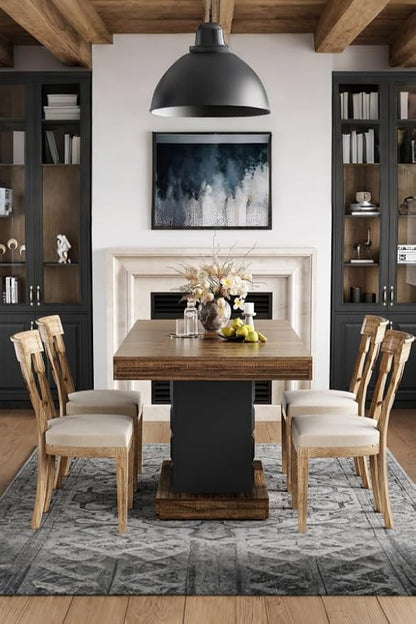 LITTLE TREE 63" Modern Dining Table, Rectangular Dinner Table for 4-6, Farmhouse Kitchen Table, Sturdy Wood Pedestal Base for Kitchen/Dining Room, Rustic Brown & Black