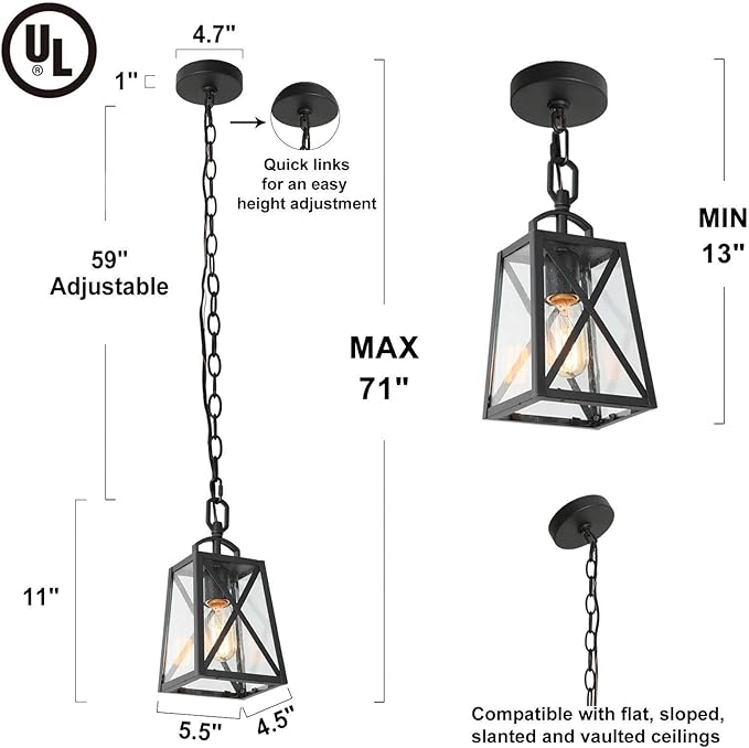 Outdoor Pendant Light Fixture, Farmhouse Exterior Anti-Rust Hanging Lights, Black Ceiling Outdoor Light with Seeded Glass, Hanging Lantern for Front Door, Entry, Porch, and Gazebo