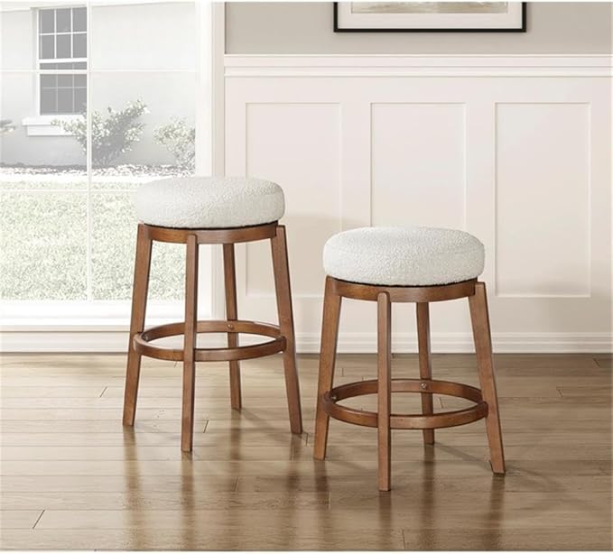 Pemberly Row Boucle Upholstered Swivel Counter Height Chair, Solid Wood Frame, White, 17.5 x 17.5 x 26.5 in, Modern Design, Comfortable Kitchen Island or Bar Seating